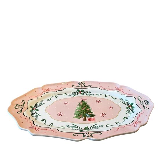Pink Christmas Tree Serving Platter 14x10 Ceramic Holiday Bows Holly NEW - Picture 2 of 12